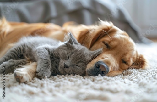 Cat and Dog Sleeping Peacefully Together - Puppy and Kitten Resting