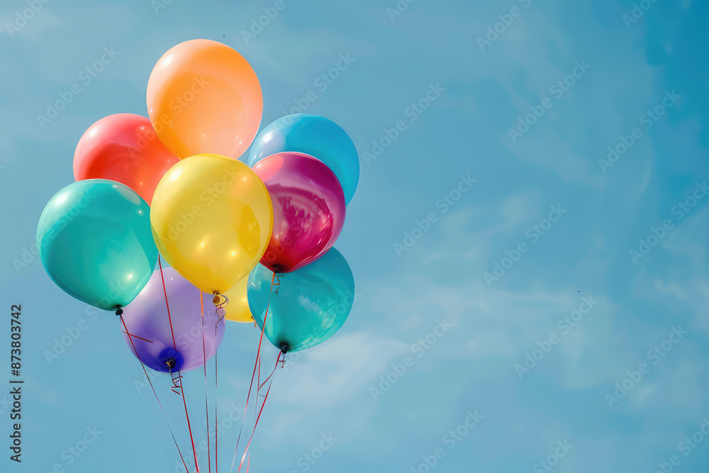 Bunch of colorful helium balloons are floating high up in blue sky Bunch of colorful helium balloons are floating high up in blue sky