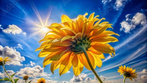 Vibrant yellow petals unfurl from a statuesque stem, basking in warm sunlight, against a serene blue sky with wispy clouds.
