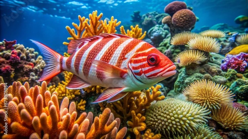 Fototapeta Naklejka Na Ścianę i Meble -  Vibrant red and white striped fish swims in front of coral reef with seaweed and ocean floor debris surrounding it.