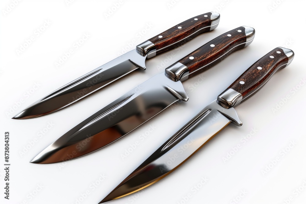 Set of knives isolated on a white background 3d rendering, A collection of camping knives with the text Set of knives isolated on a white background 3d rendering, A collection of camping knives with the text