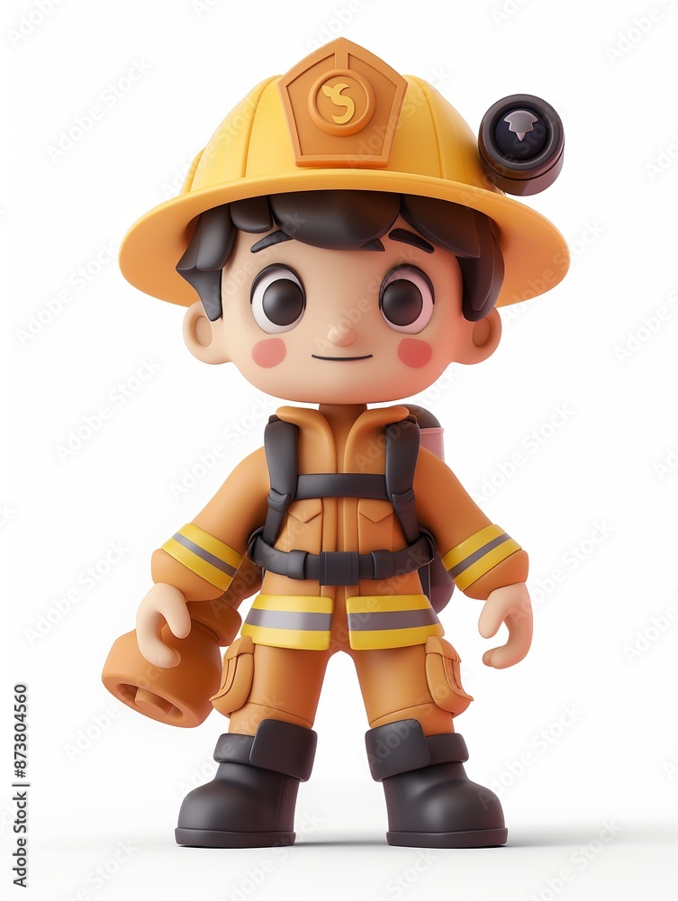 Firefighter male, Full body character, 3D render illustration, Clip art, isolated on white background 