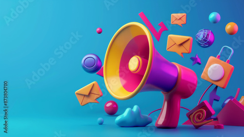 Vibrant  megaphone various marketing buzzwords like SEO social media  public relations Concept Marketing Trends