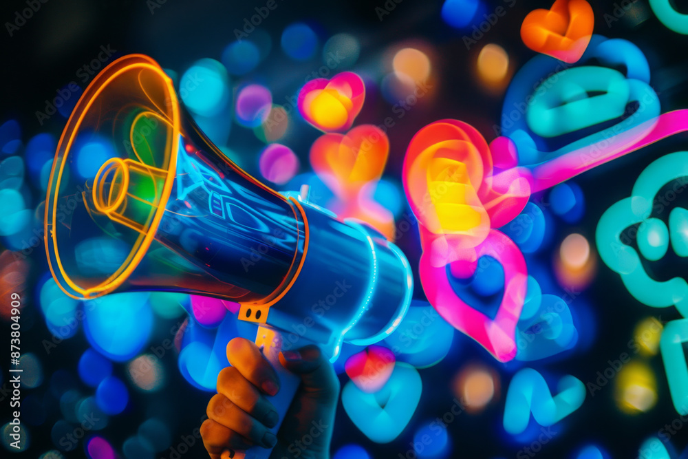 Vibrant neon megaphone with various marketing buzzwords, social media Concept Marketing Trends