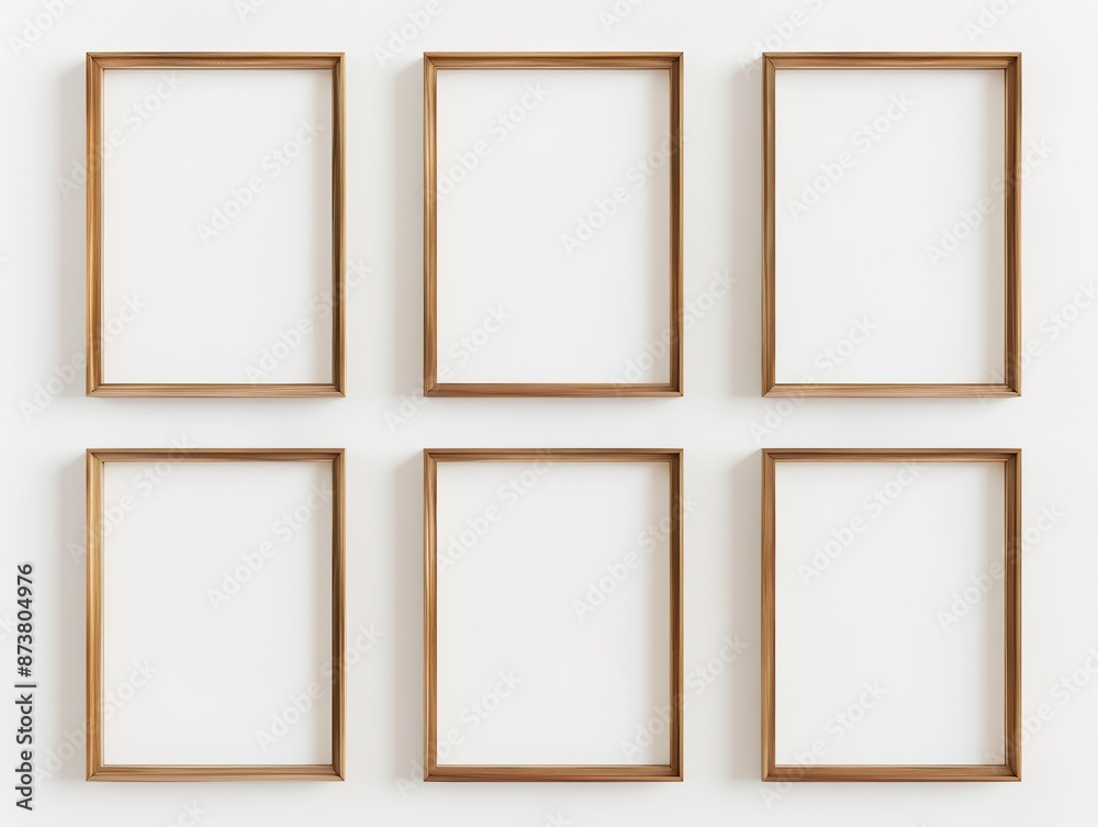 Minimalist wooden frames on white wall, ordered grid layout. Minimalist wooden frames on white wall, ordered grid layout.