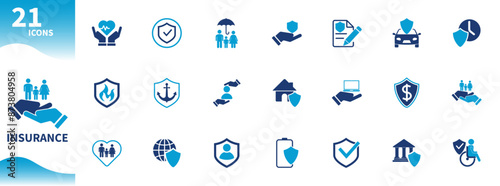 Insurance icon. Set of icons for car insurance, life insurance, marine insurance, family, accident, assurance,...