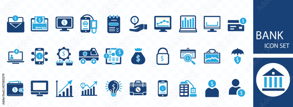 Bank icon set. Containing wallet, online banking, savings, loans, ATM, mortgage, investment, banger and more. Solid vector icons collection