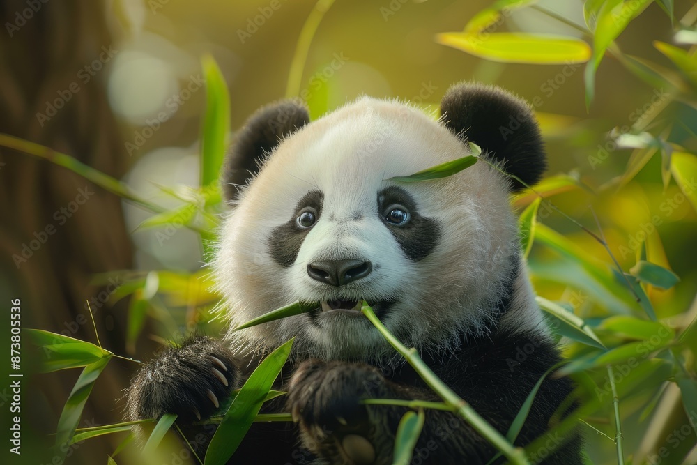 Closeup of a cute panda bear enjoying bamboo leaves in a serene forest setting Closeup of a cute panda bear enjoying bamboo leaves in a serene forest setting