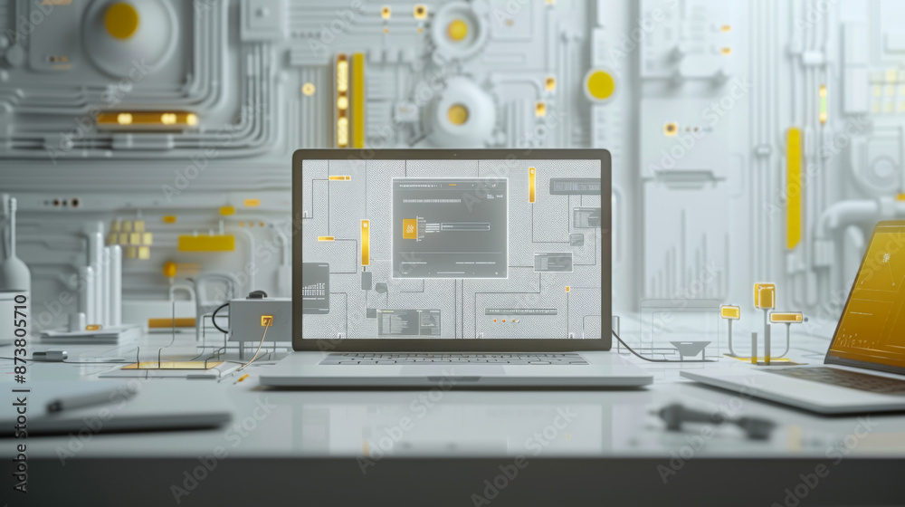 future operating system, laptop screen, schematics, databases, AI, white, yellow, gray, light gamma, frontal view future operating system, laptop screen, schematics, databases, AI, white, yellow, gray, light gamma, frontal view