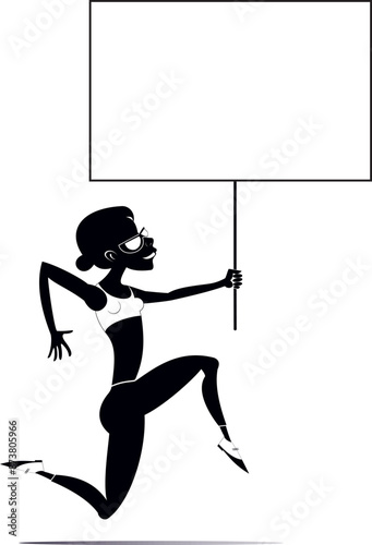 Running woman with a banner.
Cartoon running woman holds a banner in his hand. Black and white illustration

