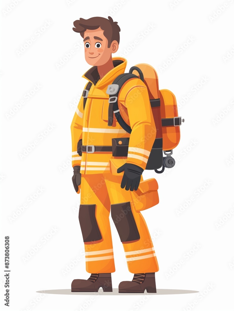 Firefighter male, Full body character, Vector illustration, Clip art, isolated on white background Firefighter male, Full body character, Vector illustration, Clip art, isolated on white background