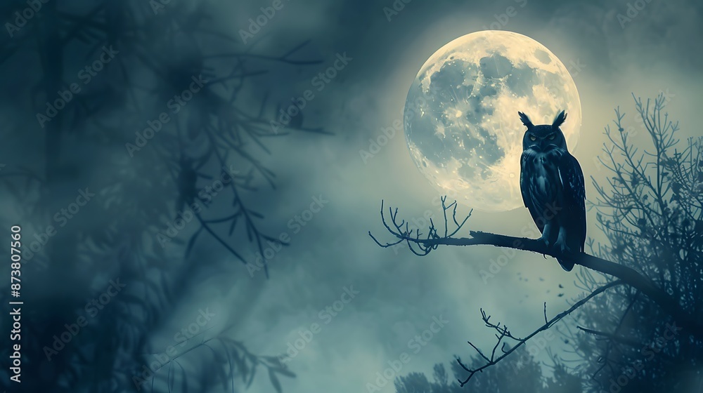Fototapeta premium owl with full moon on night hallowen scene