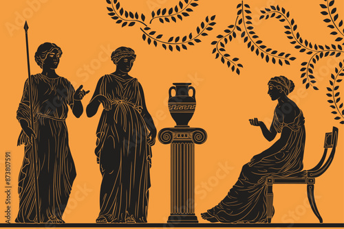 Three ancient Greek women in tunics are having a dialogue in the garden. Drawing imitating ancient Greek painting on vases and dishes