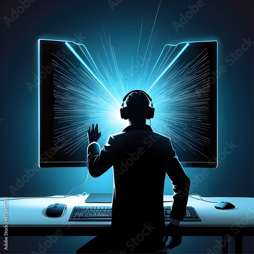 The Digital Frontier: A lone figure, silhouetted against a backdrop of glowing data streams,  reaches out into the digital world, headphones on, ready to explore the boundless possibilities