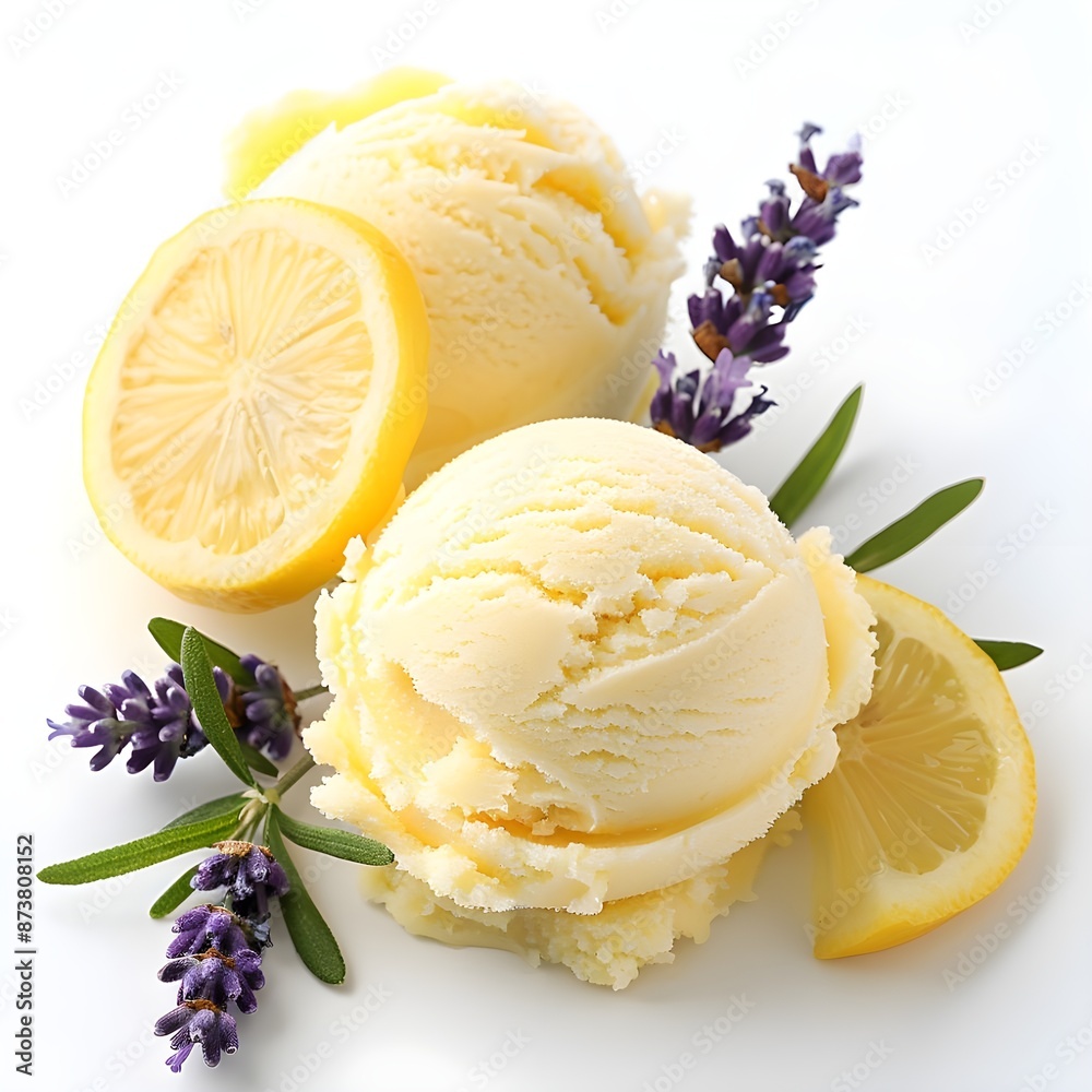 Lemon Sorbet with Lavender Sprigs - Refreshing lemon sorbet garnished with sprigs of lavender, single objects, white background for remove background. Lemon Sorbet with Lavender Sprigs - Refreshing lemon sorbet garnished with sprigs of lavender, single objects, white background for remove background.