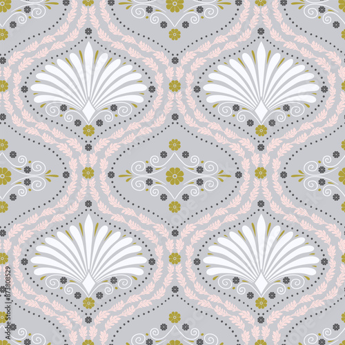 Seamless pattern with white anthemion floral shapes and ogee geometrical motifs on a gray background. Classic abstract repeat wallpaper.