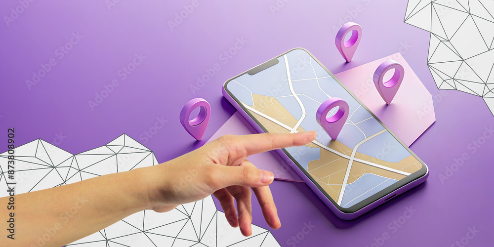 Abstract Background. Trip planning concept through online map system in a smartphone application. purple, travel, planning, hand, smartphone, location, illustration. Abstract Background. Trip planning concept through online map system in a smartphone application. purple, travel, planning, hand, smartphone, location, illustration.