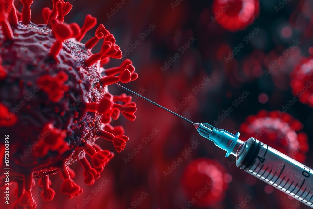 Red virus with a syringe in the center, representing a medical or scientific concept related to vaccination or treatment. Red virus with a syringe in the center, representing a medical or scientific concept related to vaccination or treatment.