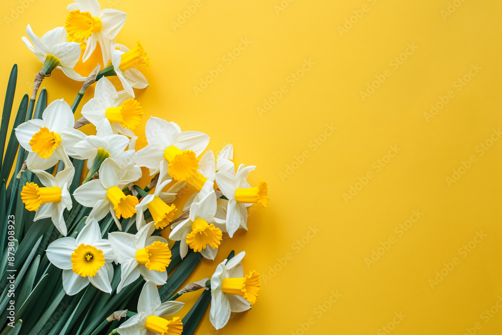 Fototapeta premium bouquet of daffodils on yellow background, flat lay photography, copy space for text,