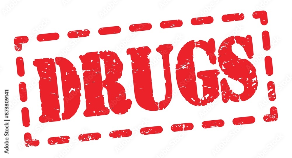 DRUGS text written on red stamp sign.
