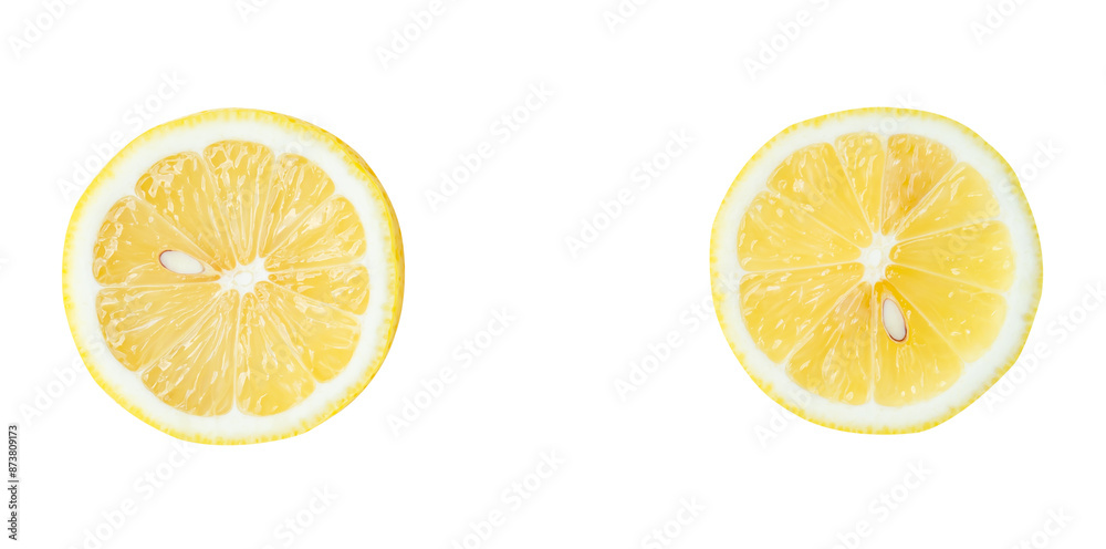 Top view set of yellow lemon halves or slices isolated on white background with clipping path Top view set of yellow lemon halves or slices isolated on white background with clipping path