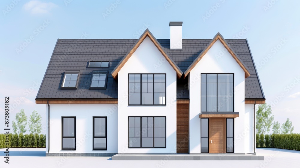 Elegant architectural design of a new house, detailed view of construction process, blending traditional and modern elements, serene surroundings Elegant architectural design of a new house, detailed view of construction process, blending traditional and modern elements, serene surroundings