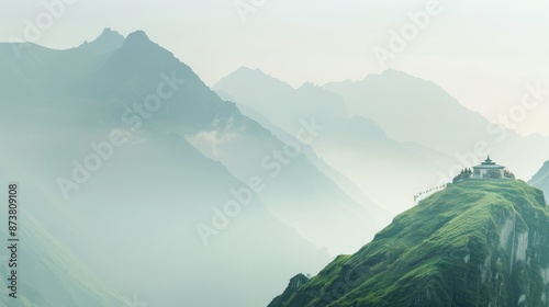 A serene Buddhist monastery perched on a mountain peak with monks in saffron robes performing a sacred ceremony surrounded by prayer flags fluttering in the wind and a breathtaking view of the Himalay photo