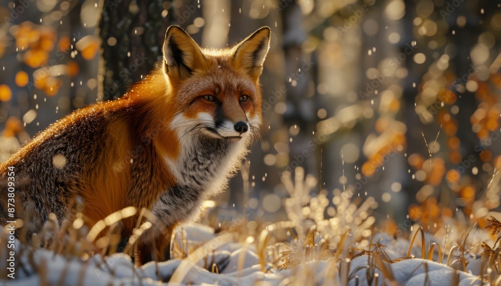 Fototapeta premium Red fox prowling through a snowy forest, animal, sleek and cunning