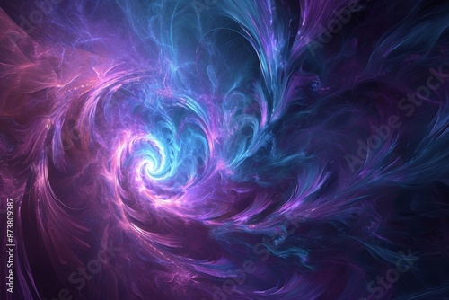 Purple and blue hues blending in a cosmic swirl against a dark backdrop, Purple and blue wallpaper with a swirl of light, AI generated