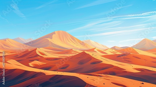 A vast desert background with rolling sand dunes, a clear blue sky, and the sun.