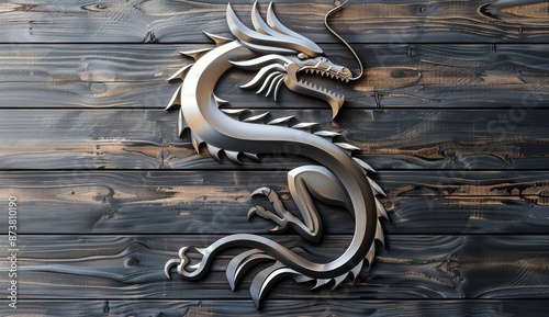 Metallic Dragon Sculpture on Dark Wooden Plank Background
