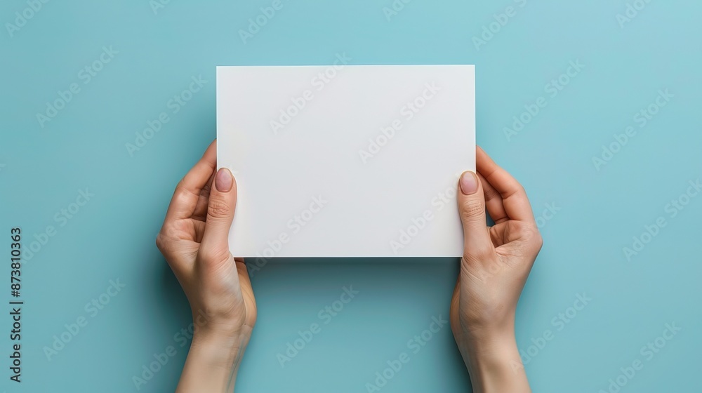 Mockup booklet presentation: Woman's hands hold blank white flyer on blue background 