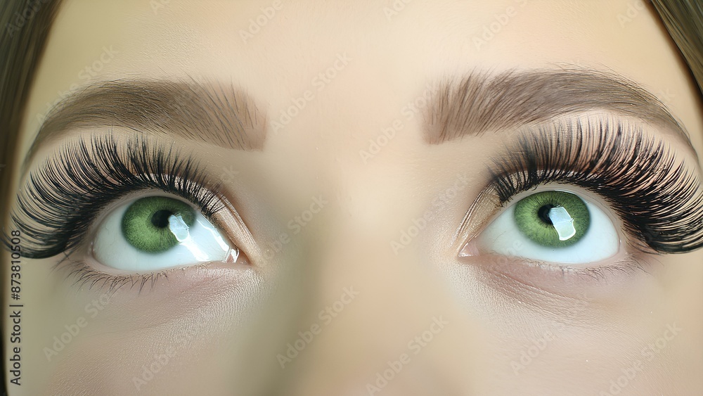 Obraz premium Eyelash extension procedure in a beauty salon, close-up. Beautiful green eyes of a woman with long eyelashes.