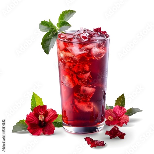 Hibiscus Cooler - A refreshing cooler made with hibiscus tea and a splash of soda water, single objects, white background for remove background. photo