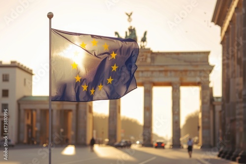 European Union Flag Waving in Front of Berlin's Brandenburg Gate at Sunset - Symbol of Unity and Peace