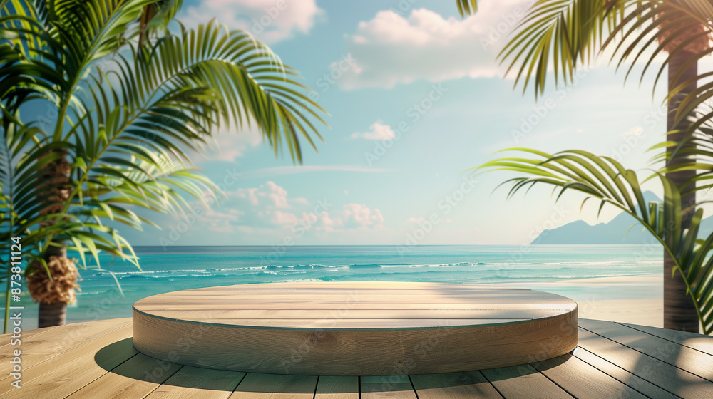 Fototapeta premium Summer product display on wooden podium at sea tropical beach. 