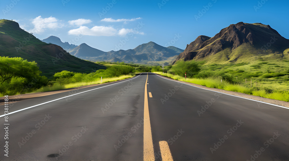 Open Road Adventure: An Inviting Asphalt Road to The Horizon Between Mountains and Blue Sky Open Road Adventure: An Inviting Asphalt Road to The Horizon Between Mountains and Blue Sky