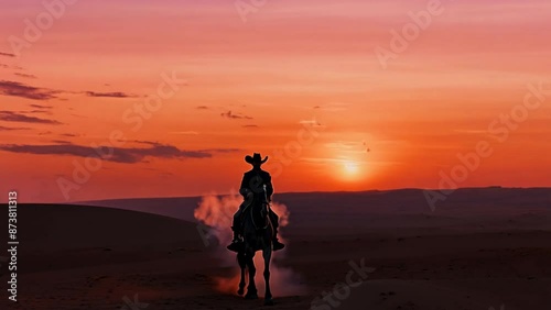 cowboy on horse with sunset landscape	