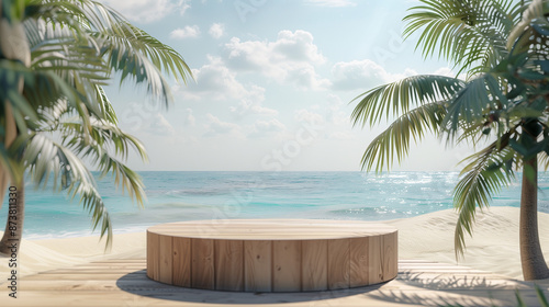 Summer product display on wooden podium at sea tropical beach.  © Multi Universe 