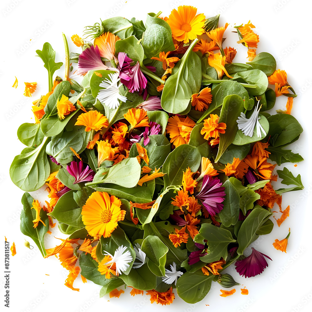 Green Salad with Calendula Petals - A mixed green salad decorated with calendula petals for a pop of color, single objects, white background for remove background. Green Salad with Calendula Petals - A mixed green salad decorated with calendula petals for a pop of color, single objects, white background for remove background.