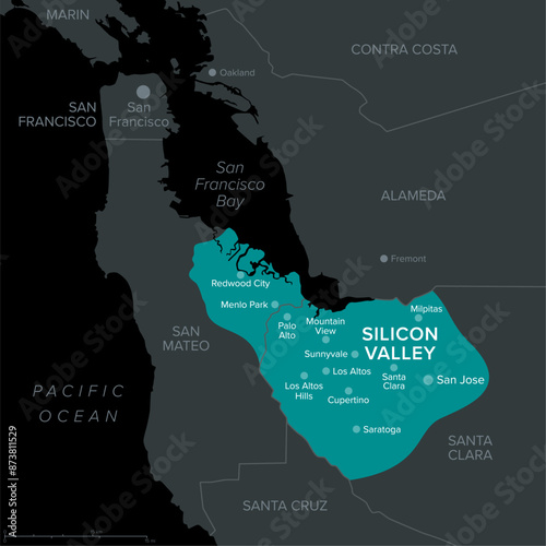Silicon Valley, a region in Northern California, dark political map. Global center for high technology and innovation in the United States, located in the southern part of the San Francisco Bay Area.