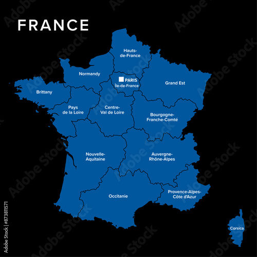 France, dark political map with regions of Metropolitan France. French Republic with capital Paris, administrative regions and prefectures on the mainland of Europe. Isolated illustration. Vector