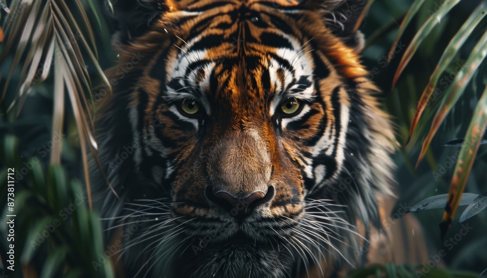 Close-up of a tiger's face in a dense jungle, animal, intense Close-up of a tiger's face in a dense jungle, animal, intense