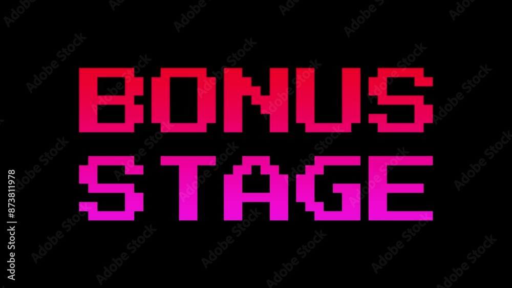 Double line “Bonus Stage” in a Red and Pink gradient, rotating and shaking gently. White, Black, and Green Chroma Key bg. Ideal for video games, online ads, and design. Retro 8-bit game aesthetic.