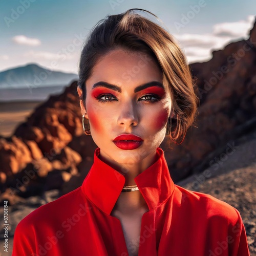 High fashion symmetrical portrait shoot in a volcanic landscape of a top model with makeup , generated by AI. High quality photo photo