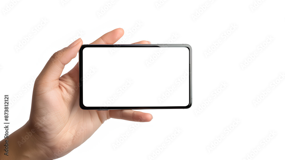 Hands hold mobile phone screen mockup, horizontal smartphone display mock up isolated on white Hands hold mobile phone screen mockup, horizontal smartphone display mock up isolated on white