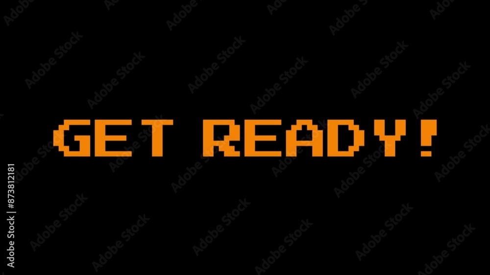 Single line “Get Ready” in an Orange, rotating and shaking gently. White, Black, and Green Chroma Key bg. Ideal for video games, online ads, and design. Retro 8-bit game aesthetic. Single line “Get Ready” in an Orange, rotating and shaking gently. White, Black, and Green Chroma Key bg. Ideal for video games, online ads, and design. Retro 8-bit game aesthetic.