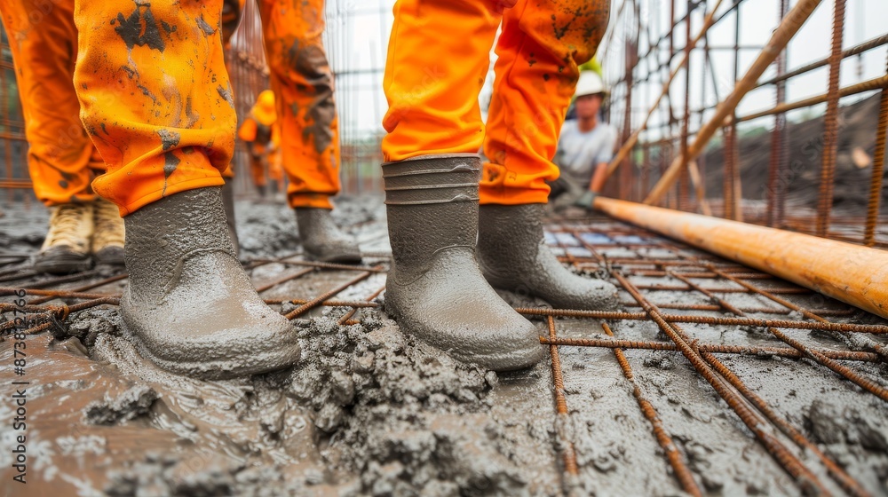 Detailed image of a construction site showing application of binder and structured layers, diverse materials and masonry techniques, modern building process Detailed image of a construction site showing application of binder and structured layers, diverse materials and masonry techniques, modern building process