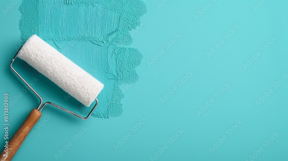 Obraz premium Detailed image of a roller applying a fresh coat of paint, emphasizing the even distribution and smooth application, creating a flawless look