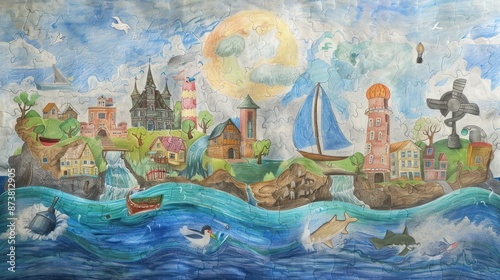 A Whimsical Coastal Town in a Puzzle Style